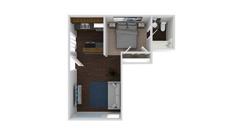 A top down view of a small apartment with a bedroom, living room, and kitchen.
